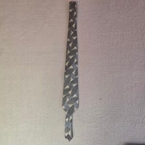 Yves Saint Laurent YSL Mens Silk Necktie Grey Silver Geometric Striped Vintage